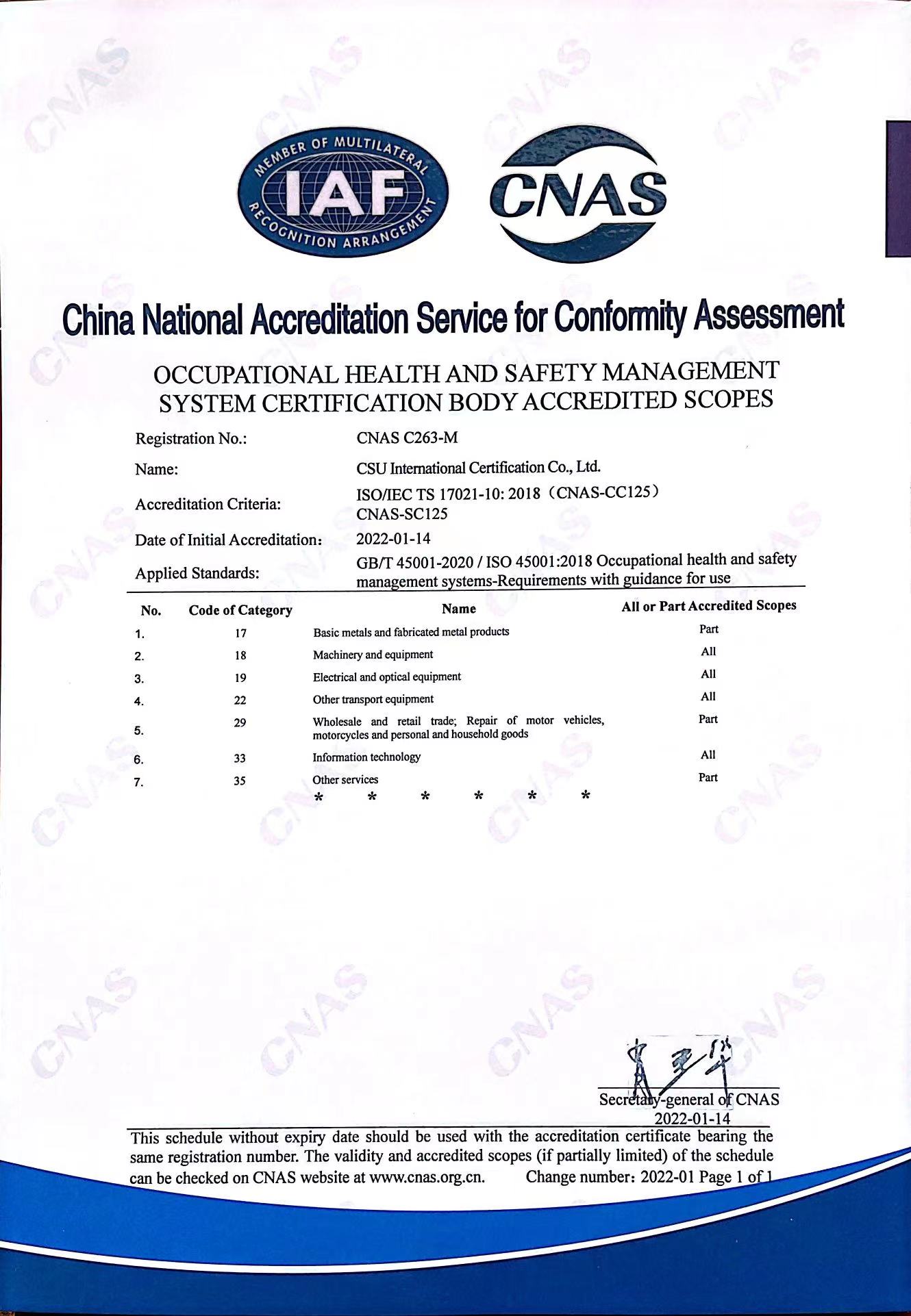 ISO45001认证CNAS认可委批准证书